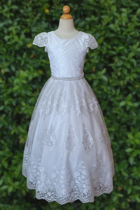 Lace Cording First Communion Cap Sleeve Dress Long White front view Canada