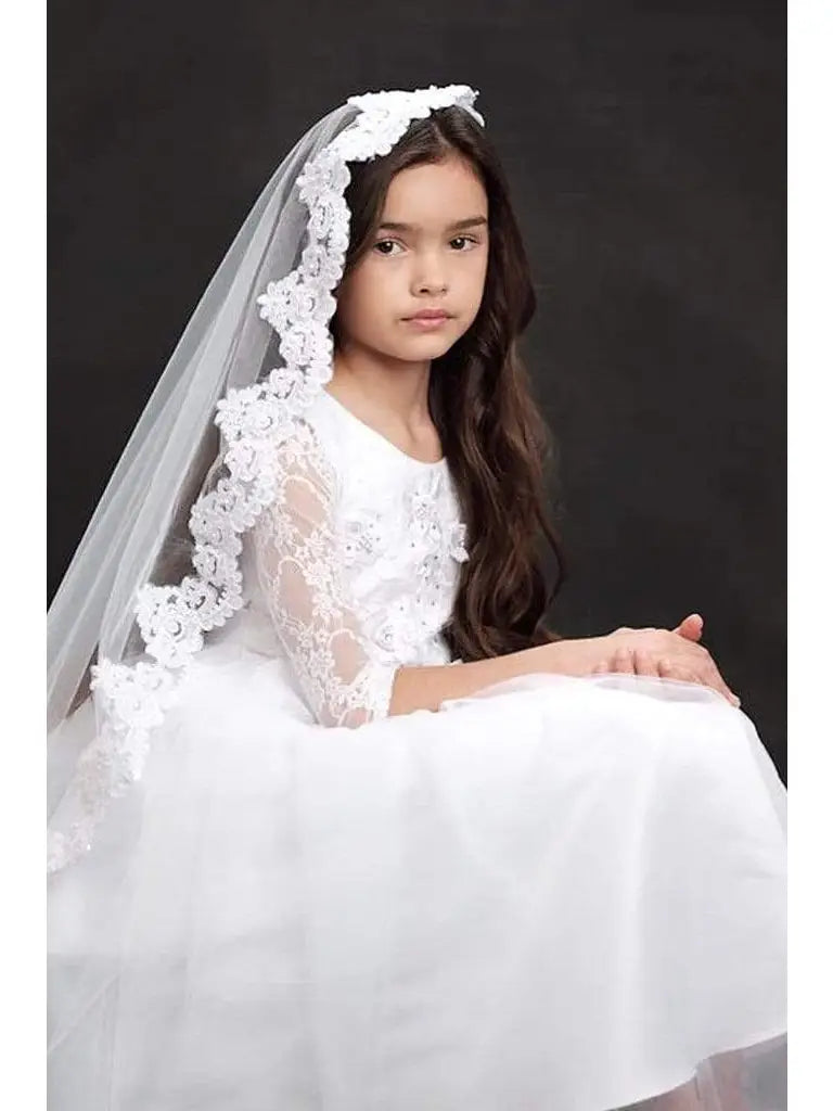 Long Lace Sleeve First Communion Gown With 3D Flower White Canada 1