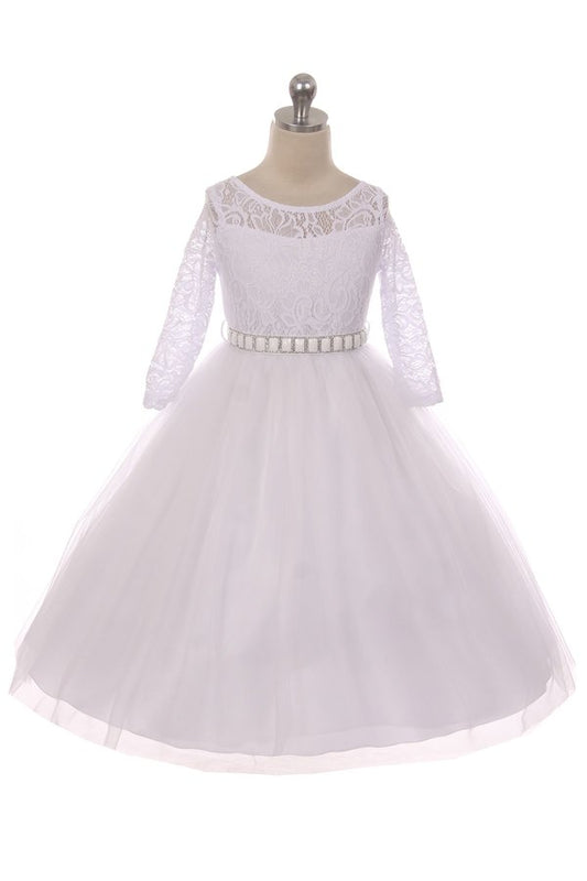 Long Sleeve Stretchy Lace First Communion Girls Dress White Font View