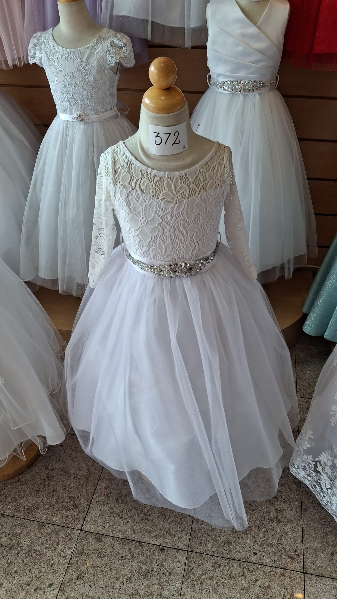 Long Sleeve Stretchy Lace First Communion Girls Dress White Group Font View