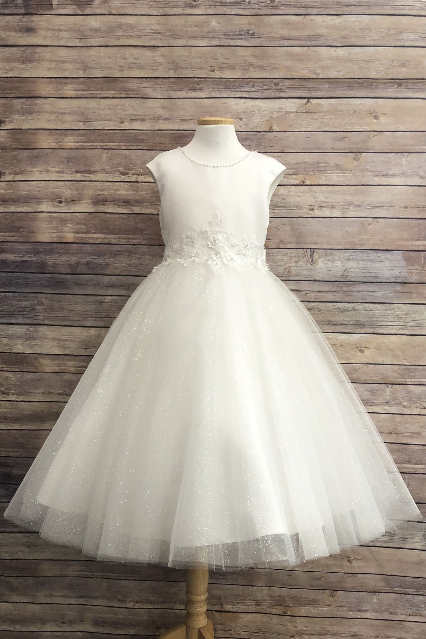 Pearl Neckline Girls Dress Ivory Front View
