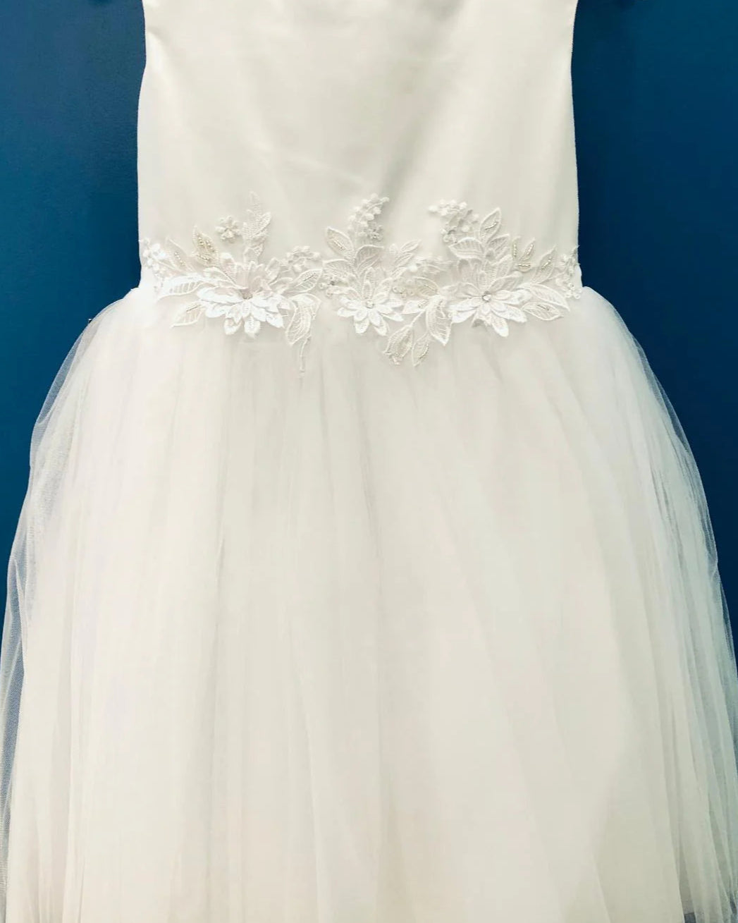 Pearl Neckline Girls Dress Ivory Trim View