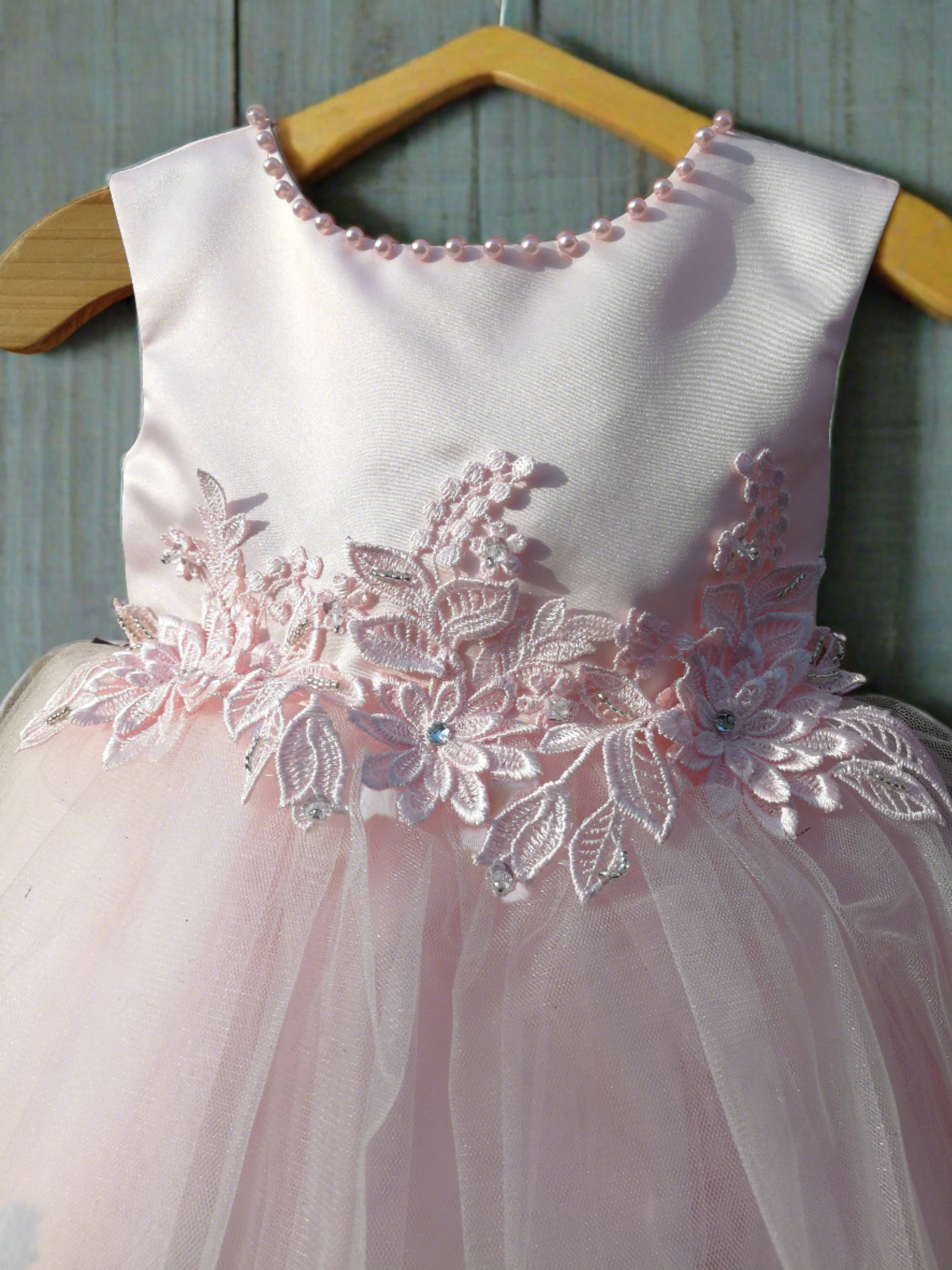 Pearl Neckline Girls Dress Pink Front View