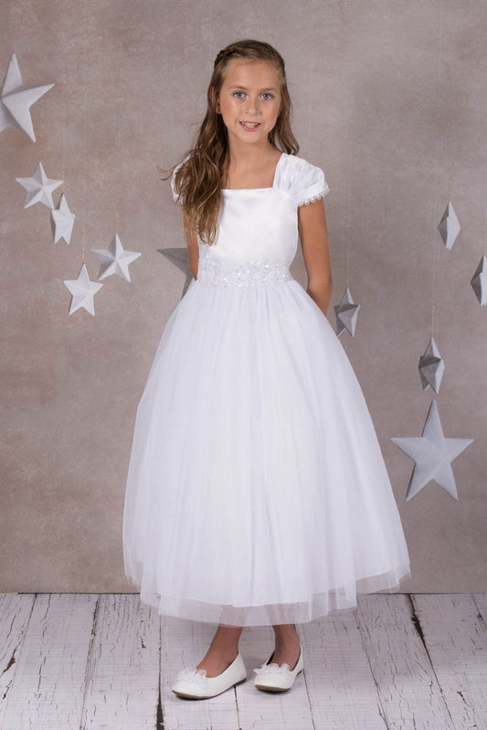 Pleated Cap Sleeve Girls First Communion Dress White Ivory Side View