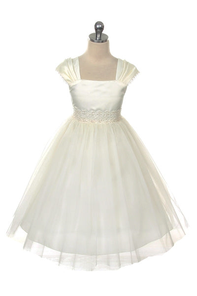 Pleated Cap Sleeve Girls Plus Size Dress Ivory Front View