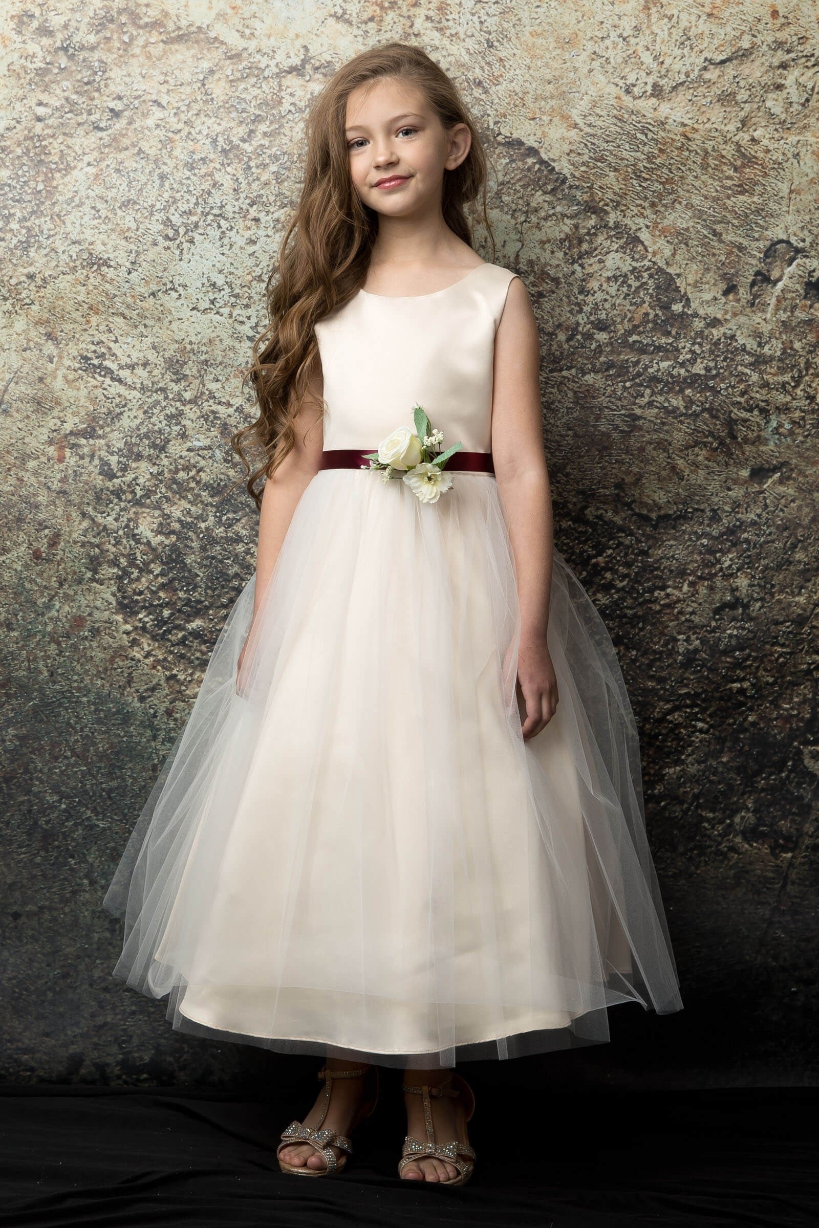 Posy Trim Flower Girl Dress Tea Length Champagne Front Live View