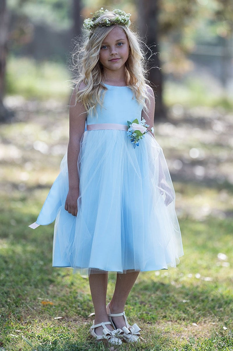 Posy Trim Flower Girl Dress Tea Length Light Blue Front Live View
