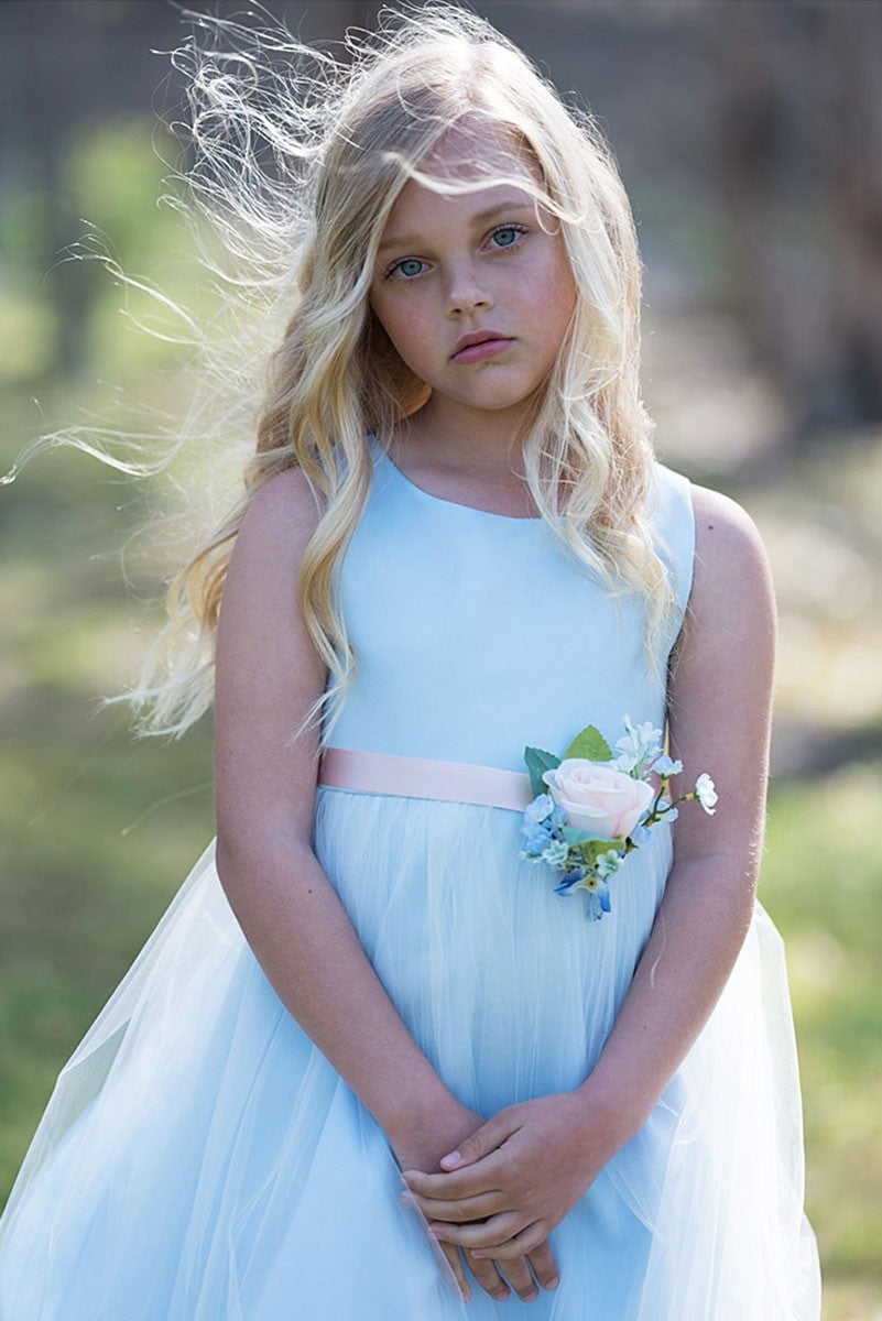 Posy Trim Flower Girl Dress Tea Length Light Blue Posy Live View