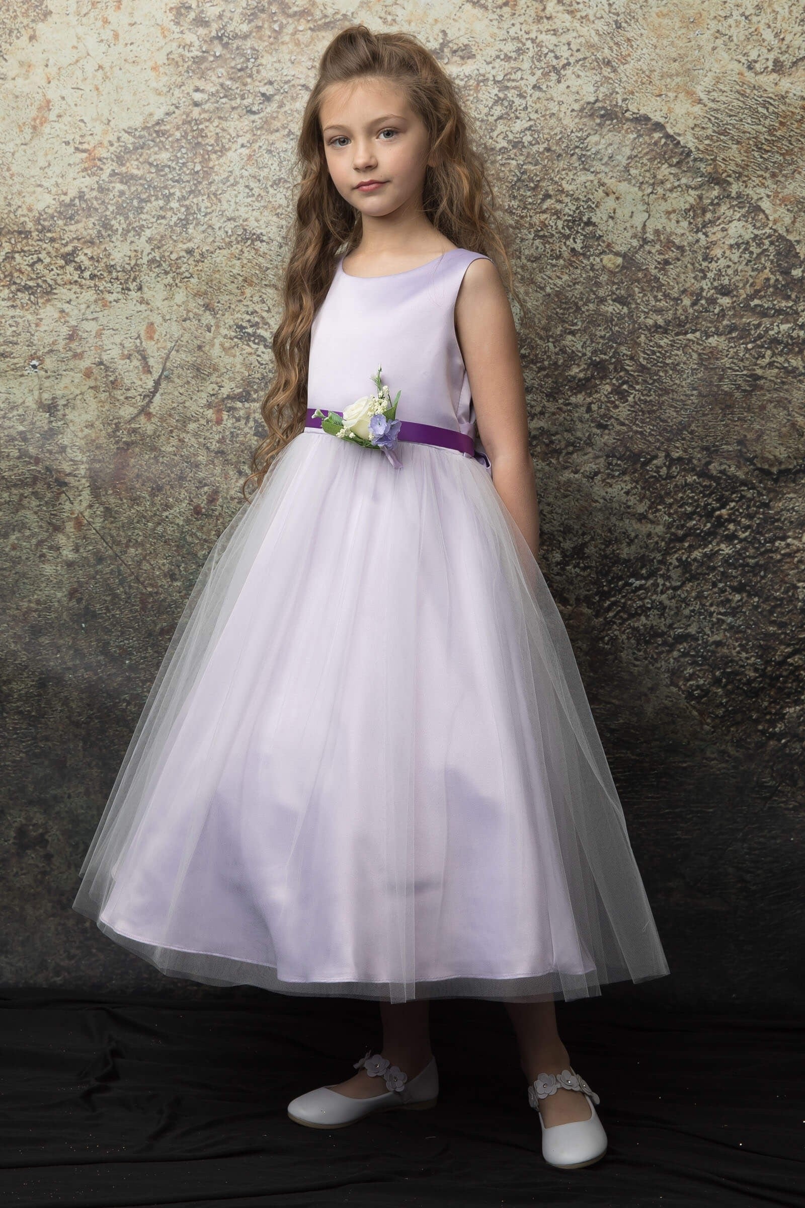 Posy Trim Flower Girl Dress Tea Length Lilac Front Live View