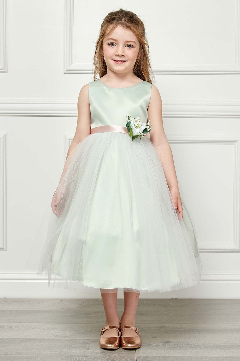 Posy Trim Flower Girl Dress Tea Length Sage Front Live View
