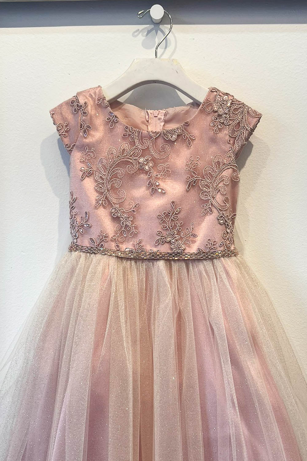 Pretty Embroidered Peak Sleeve Girls Party Dress Blush Front Belt View