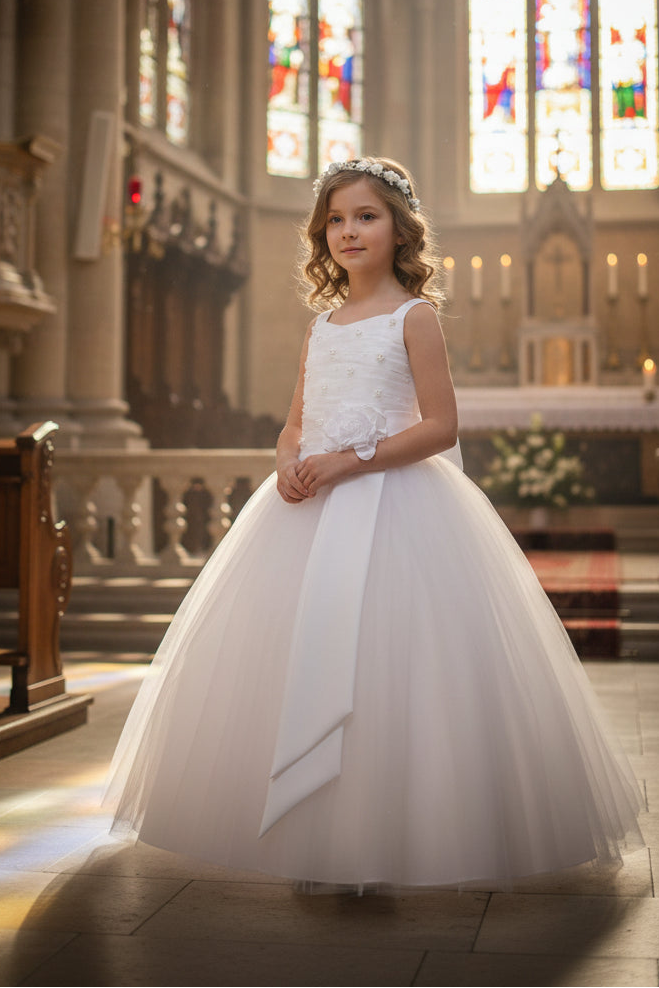 corset red prom dresses Fancy Ruched Pearl Top First Holy Communion Gown White Ivory – Grandma's  Little Darlings