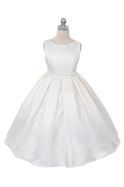 Satin Box Pleat Flower Girls Dress Tea Length Ivory Front View