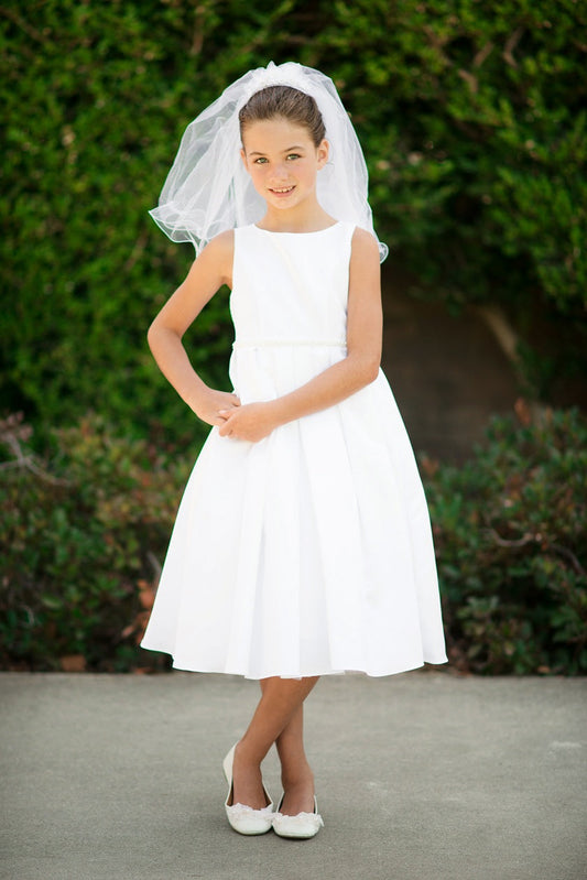 Satin Box Pleat Flower Girls Dress Tea Length White Front View