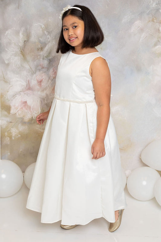 Satin Box Pleat Flower Girls Dress Tea Length White Side View