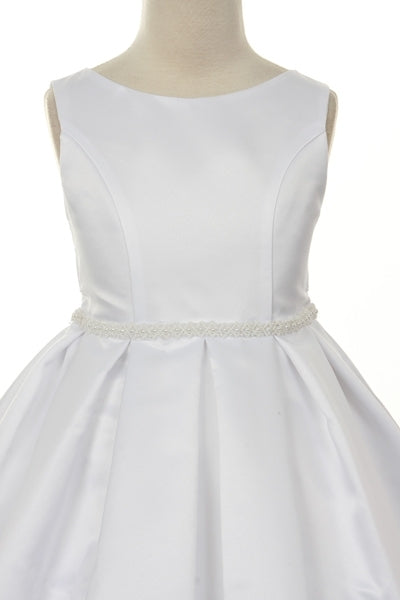 Satin Box Pleat Flower Girls Dress Tea Length White Top Front View