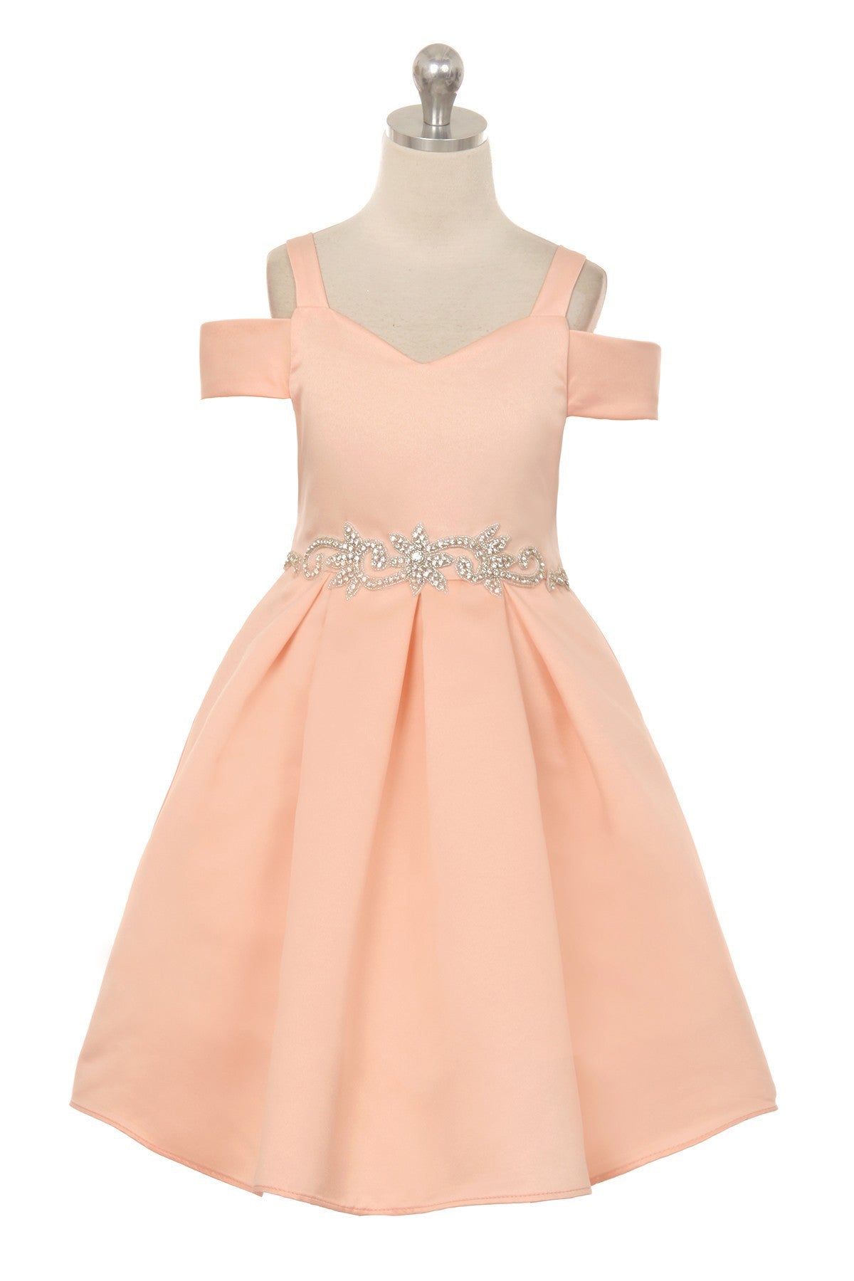 Satin Peekaboo Shoulder Girls Dress Multi Colour Blush Front View