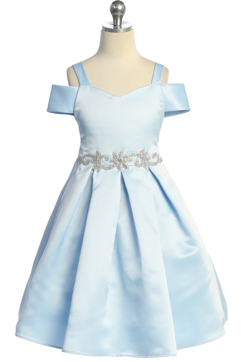 Satin Peekaboo Shoulder Girls Dress Multi Colour Light Blue Front View