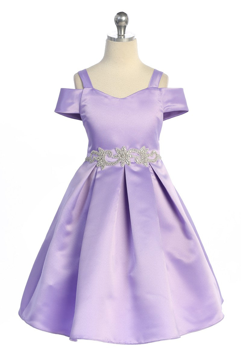 Satin Peekaboo Shoulder Girls Dress Multi Colour Lilac Front View