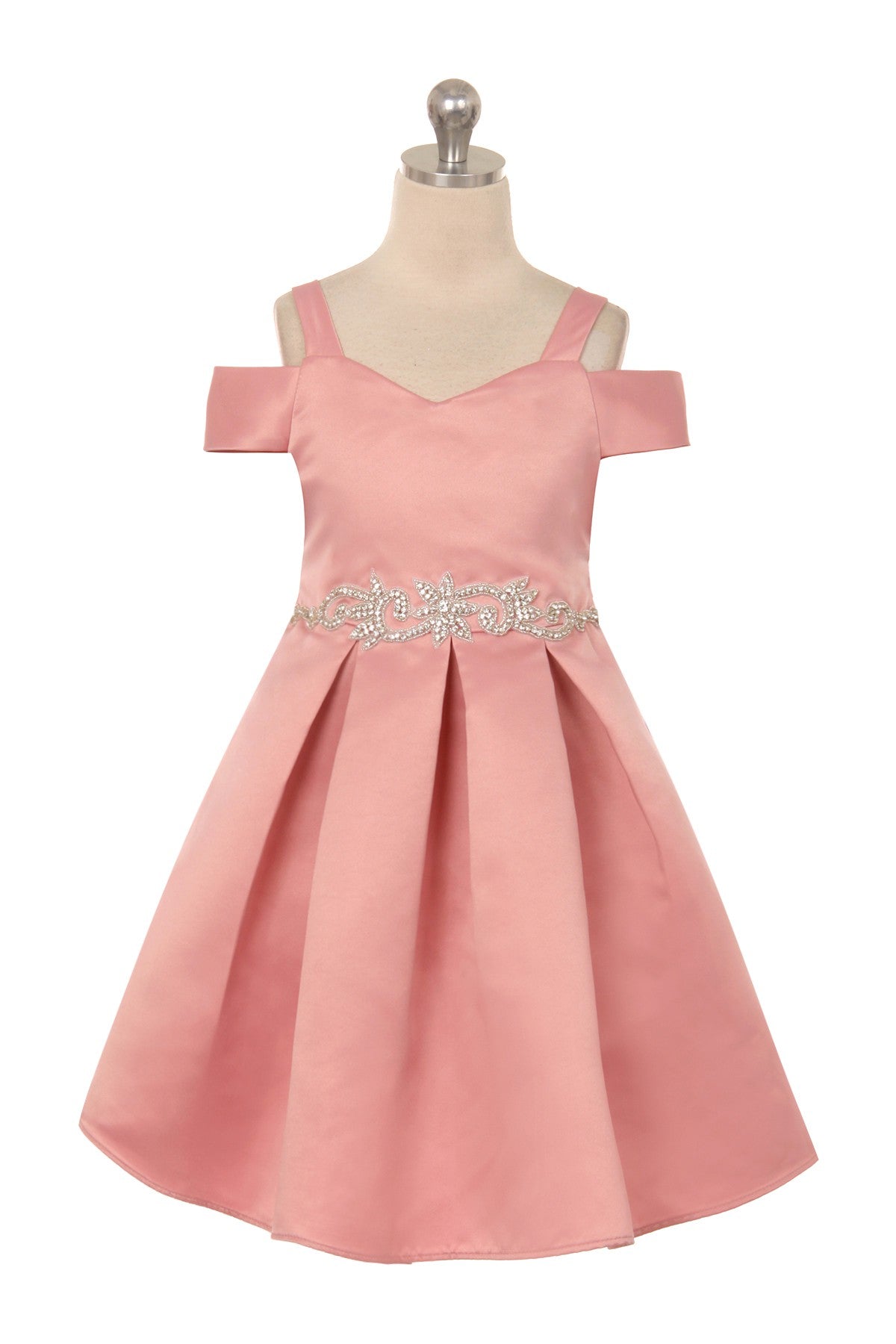 Satin Peekaboo Shoulder Girls Dress Multi Colour Peach Coral Front View