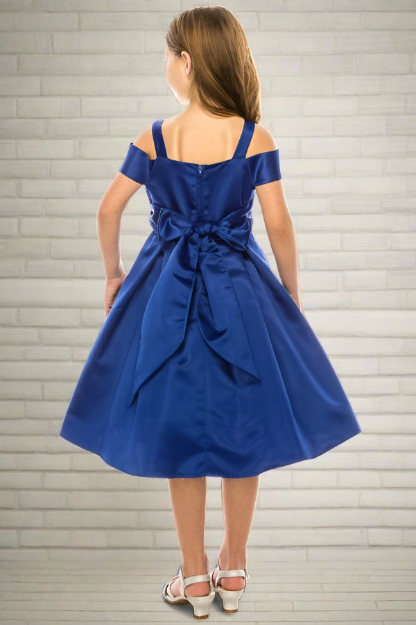 Satin Peekaboo Shoulder Girls Dress Multi Colour Royal Blue Back Live View
