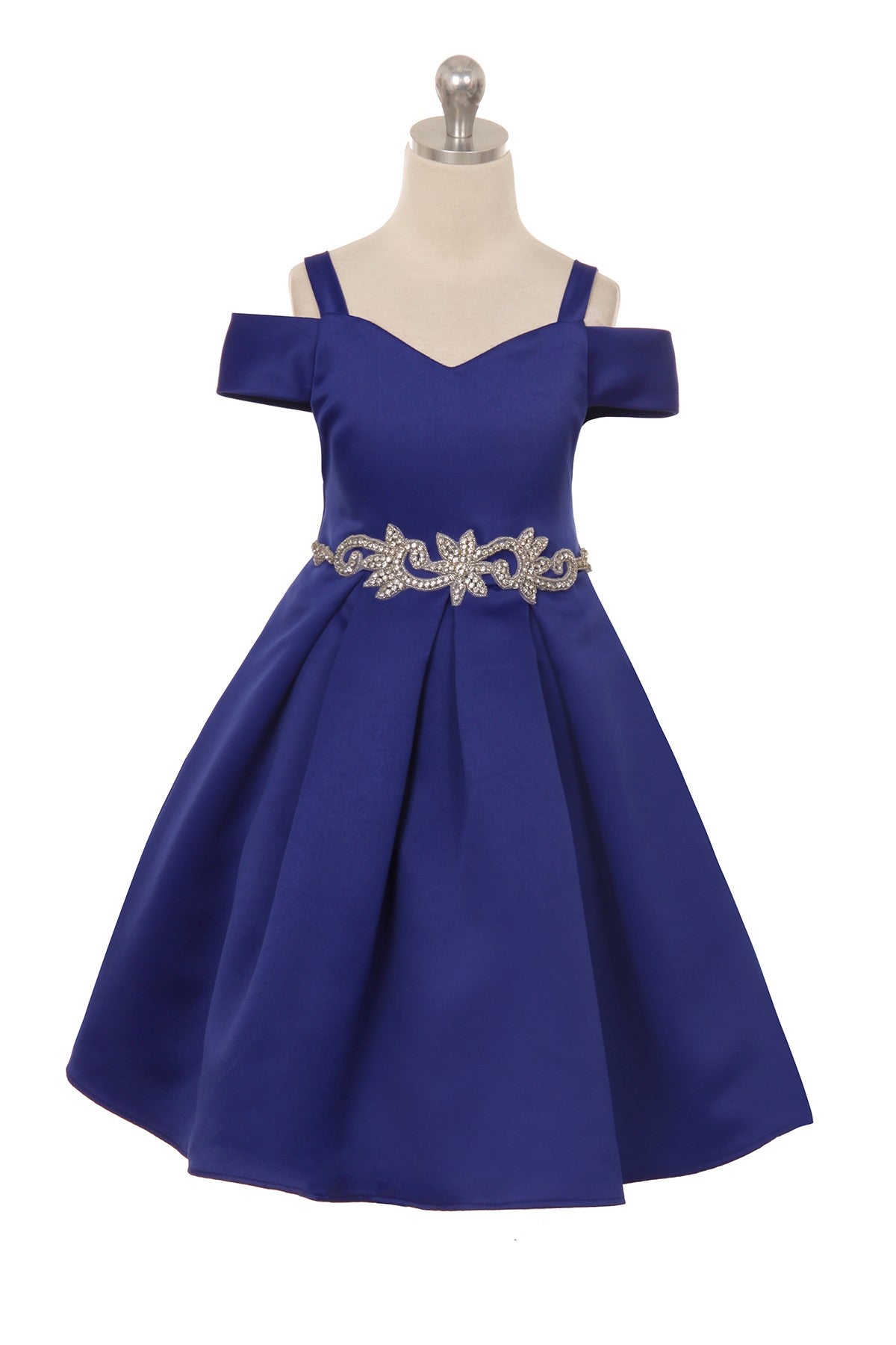 Satin Peekaboo Shoulder Girls Dress Multi Colour Royal Blue Front View
