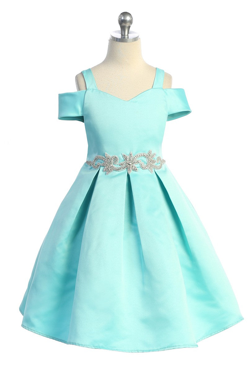 Satin Peekaboo Shoulder Girls Dress Multi Colour Turquoise Front View