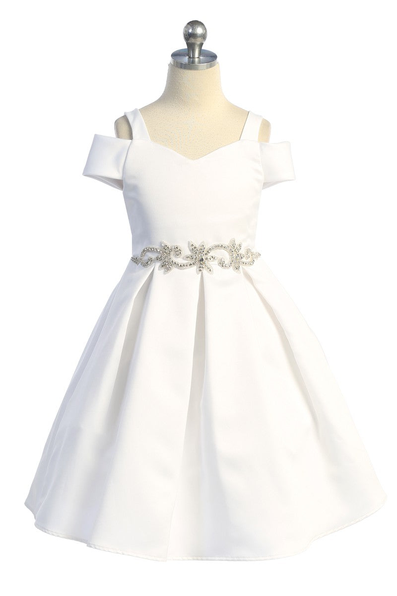 Satin Peekaboo Shoulder Girls Dress Multi Colour White Front View
