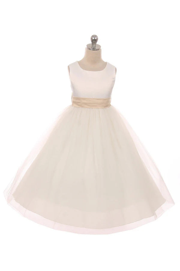 Satin Sash & Bow Girls Dress Tea Length Ivory Front View