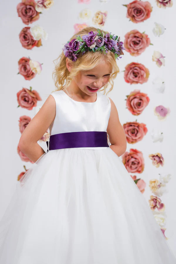 Satin Sash & Bow Girls Dress Tea Length White Front Detail View