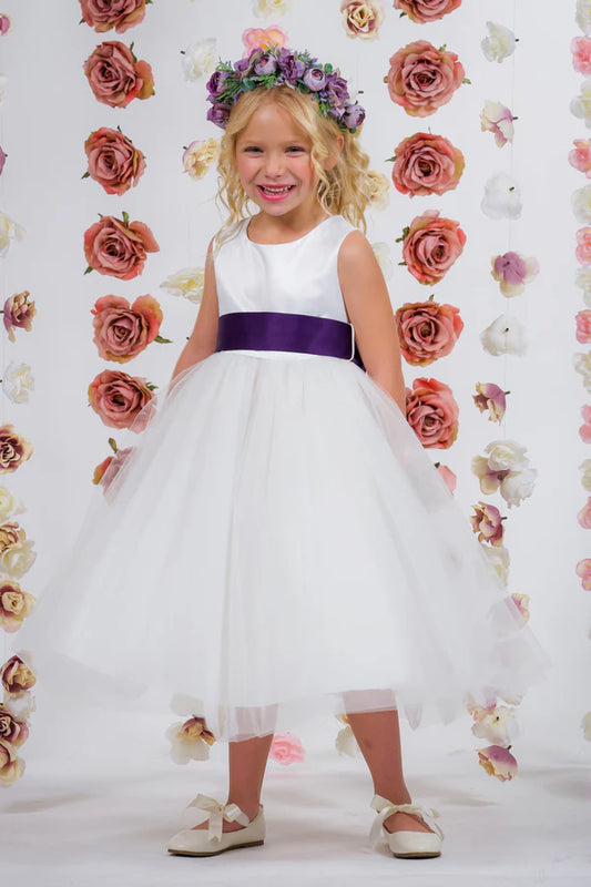 Satin Sash & Bow Girls Dress Tea Length White Front Live View