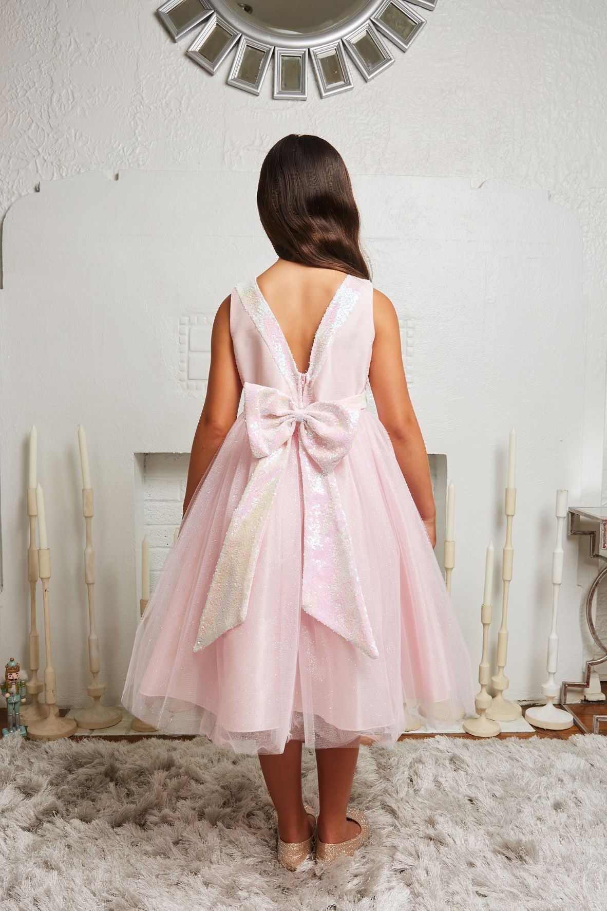 Sequined V Back Bow Girls Fancy Party Dress. Shop plus size fancy formal girls dresses and frock Canada, greater Toronto area Mississauga, Brampton Oakville ON.