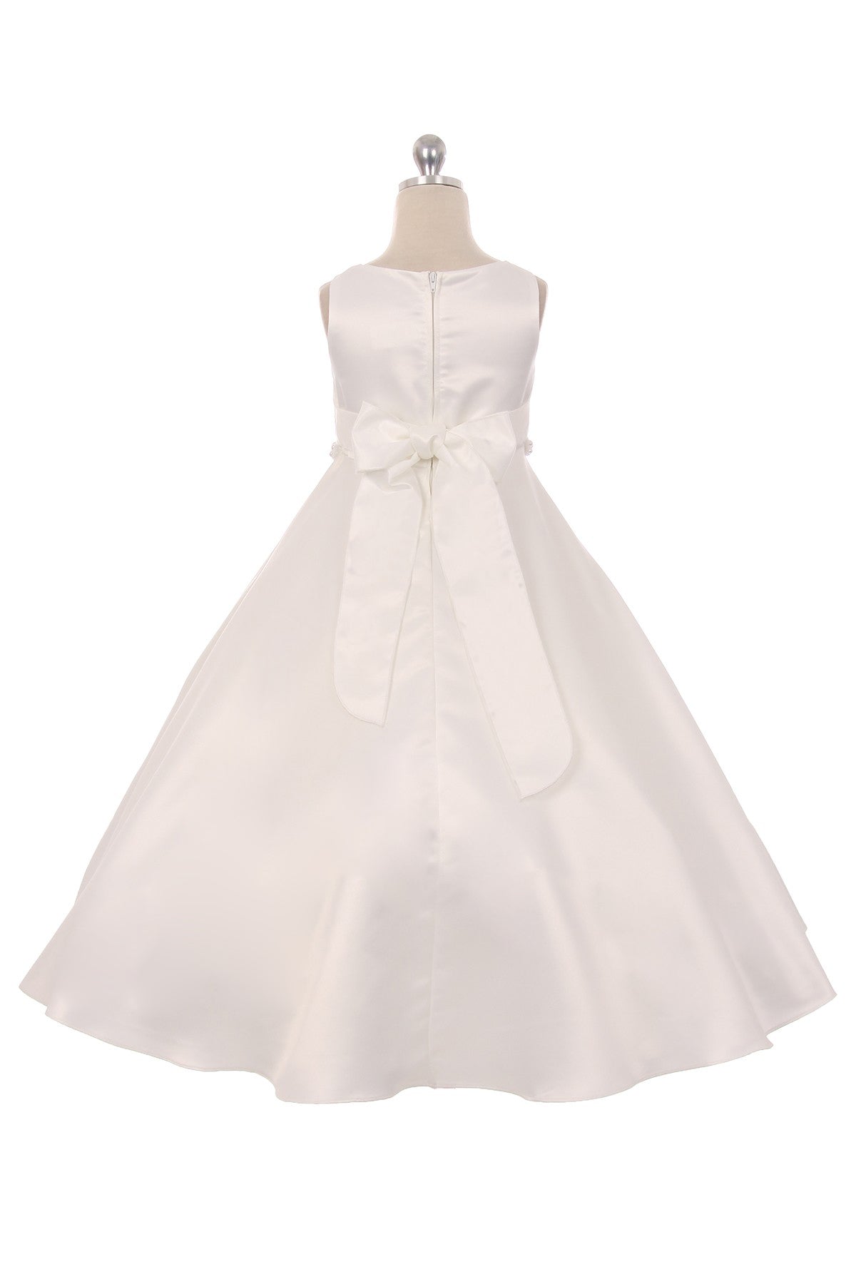 Simple A-Line Satin First Communion Girls Gown Ivory Back View