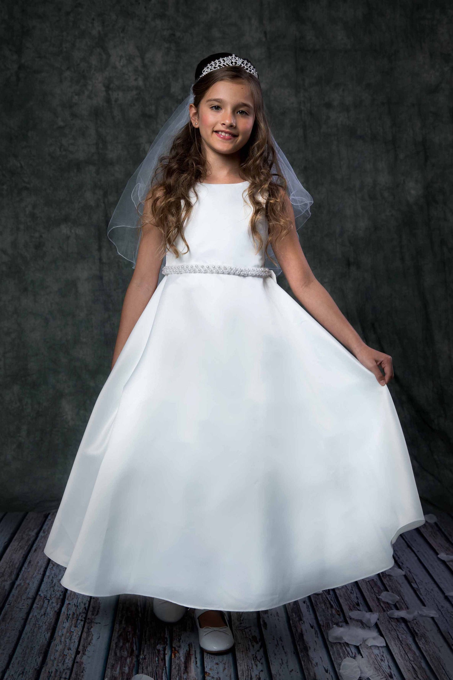 Simple A-Line Satin First Communion Girls Gown Life Like White Front View