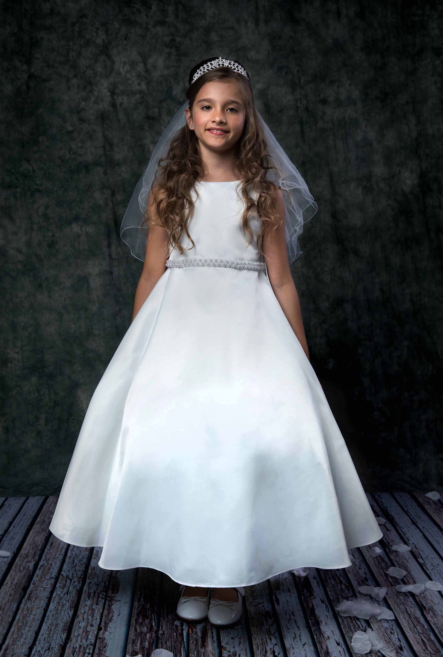 Simple A-Line Satin First Communion Girls Gown Life White Front View