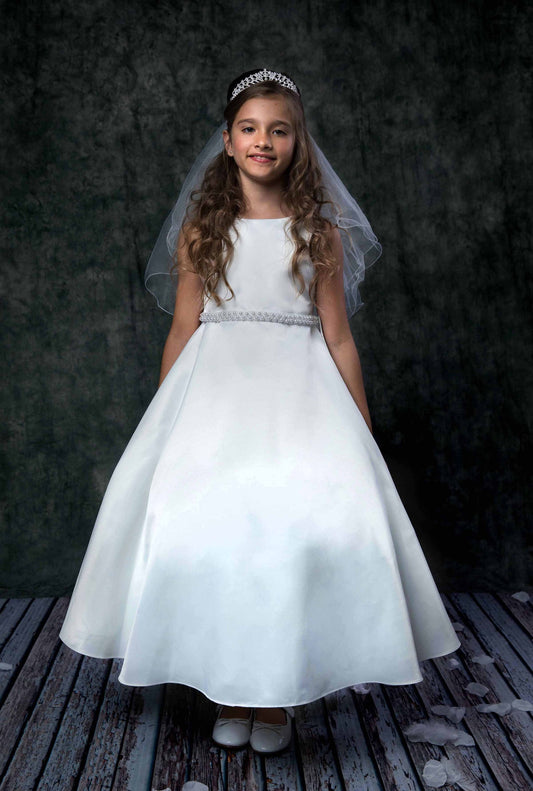 Simple A-Line Satin First Communion Girls Gown Life White Front View