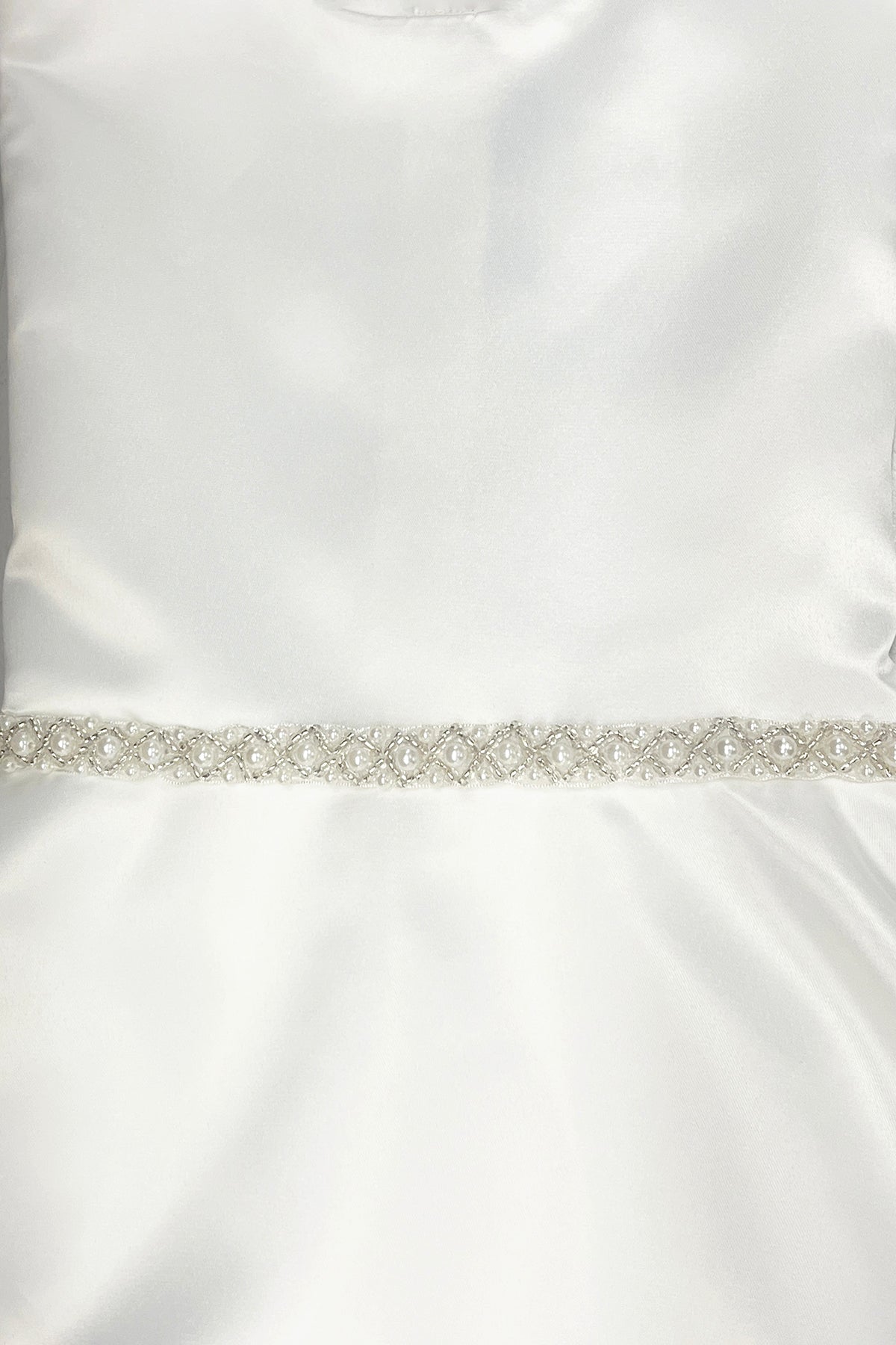 Simple A-Line Satin First Communion Girls Gown trim Detail View