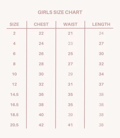 Size Chart KD Gold Jacquard V Back Girls Dress