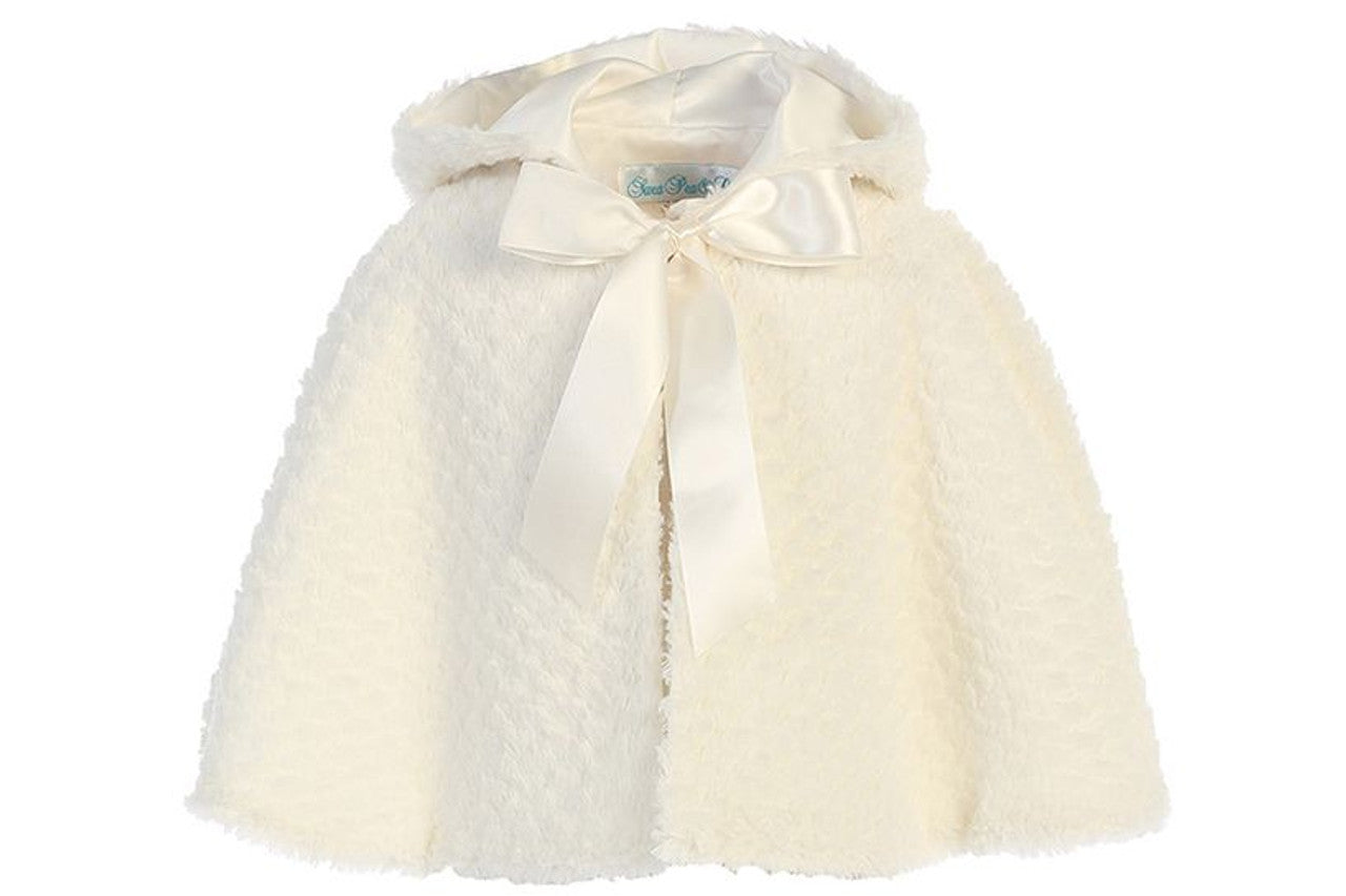 Textured Faux Fur Girls Hooded Cape Ivory Front View