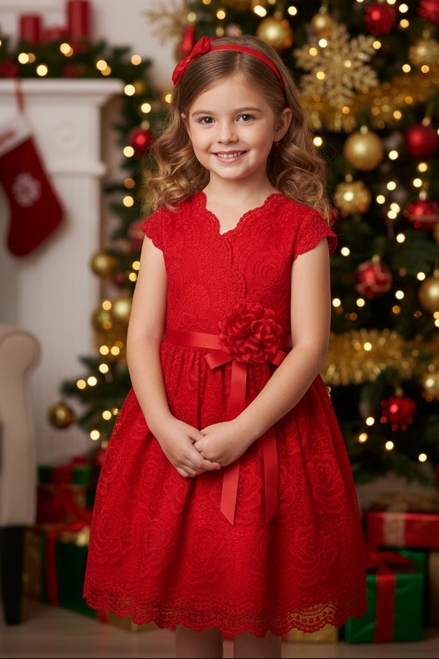 V Neck Lace Girls Dress With Beautiful Flower red