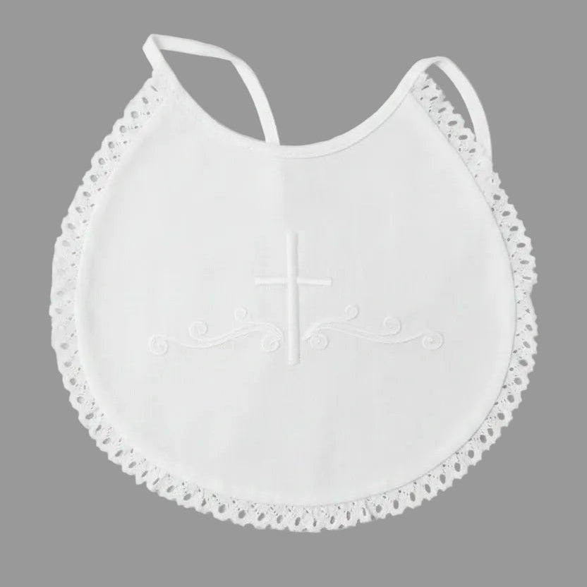 White Cotton Baptism Bib Embroidered Cross & Lace Canada actual photo FK