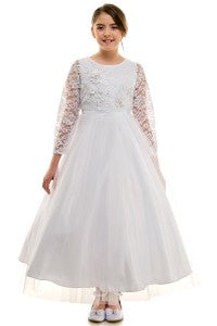White lace dress with long lace sleeves First Communion Dress back view, greater Toronto area, Mississauga, Burlington, Kitchener, Canada