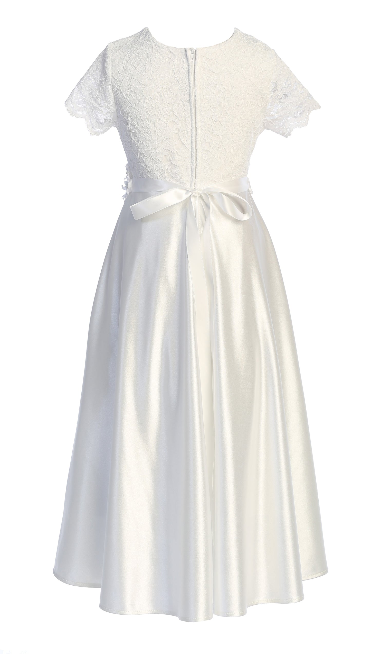 White lace top First Holy Communion gown with fancy waist back view - floor-length dress with short sleeves Greater Toronto Area Canada