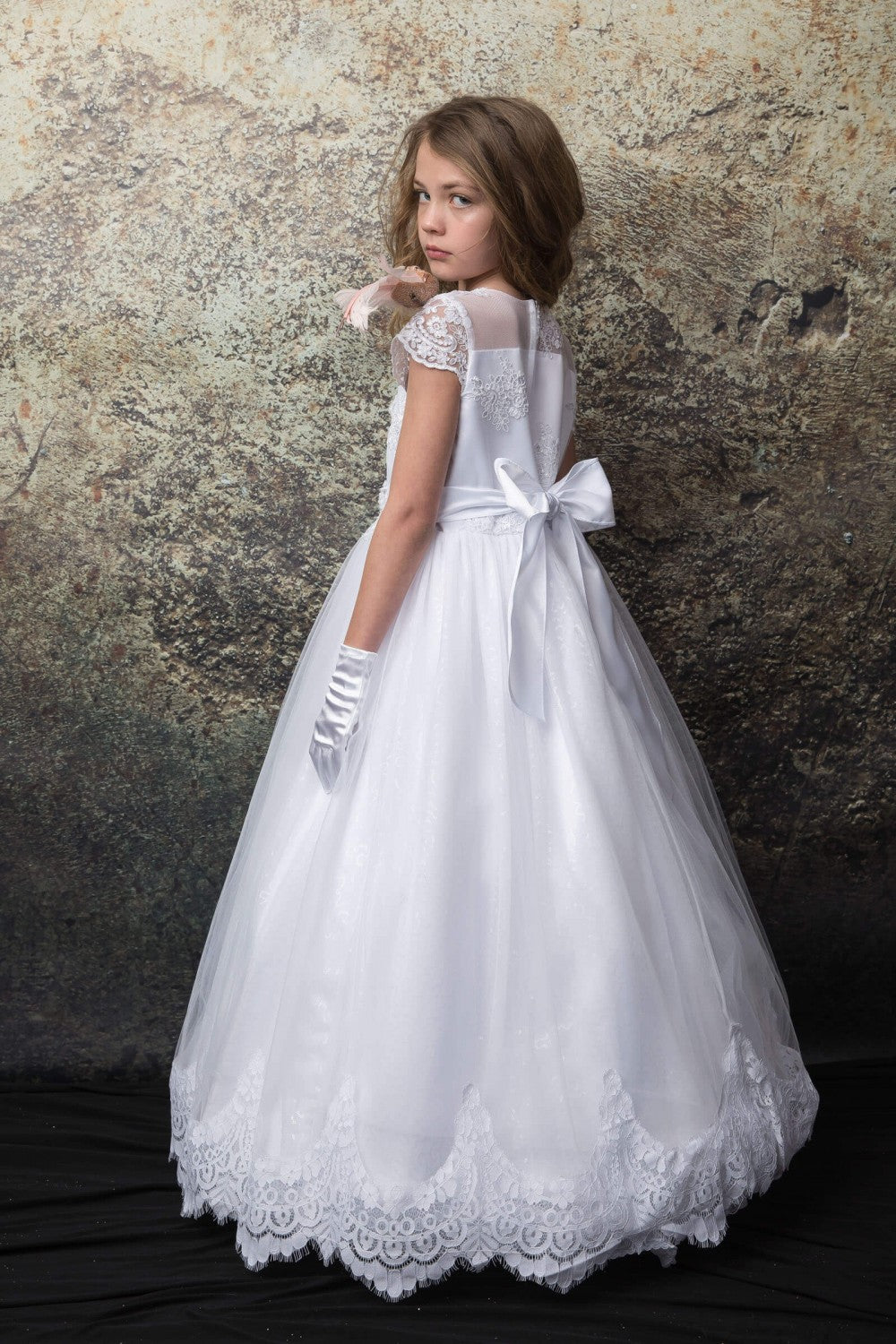 White large size lace top First Communion gown side live view - plus size communion dress with mesh bodice and lace sleeves Greater Toronto Area Canada