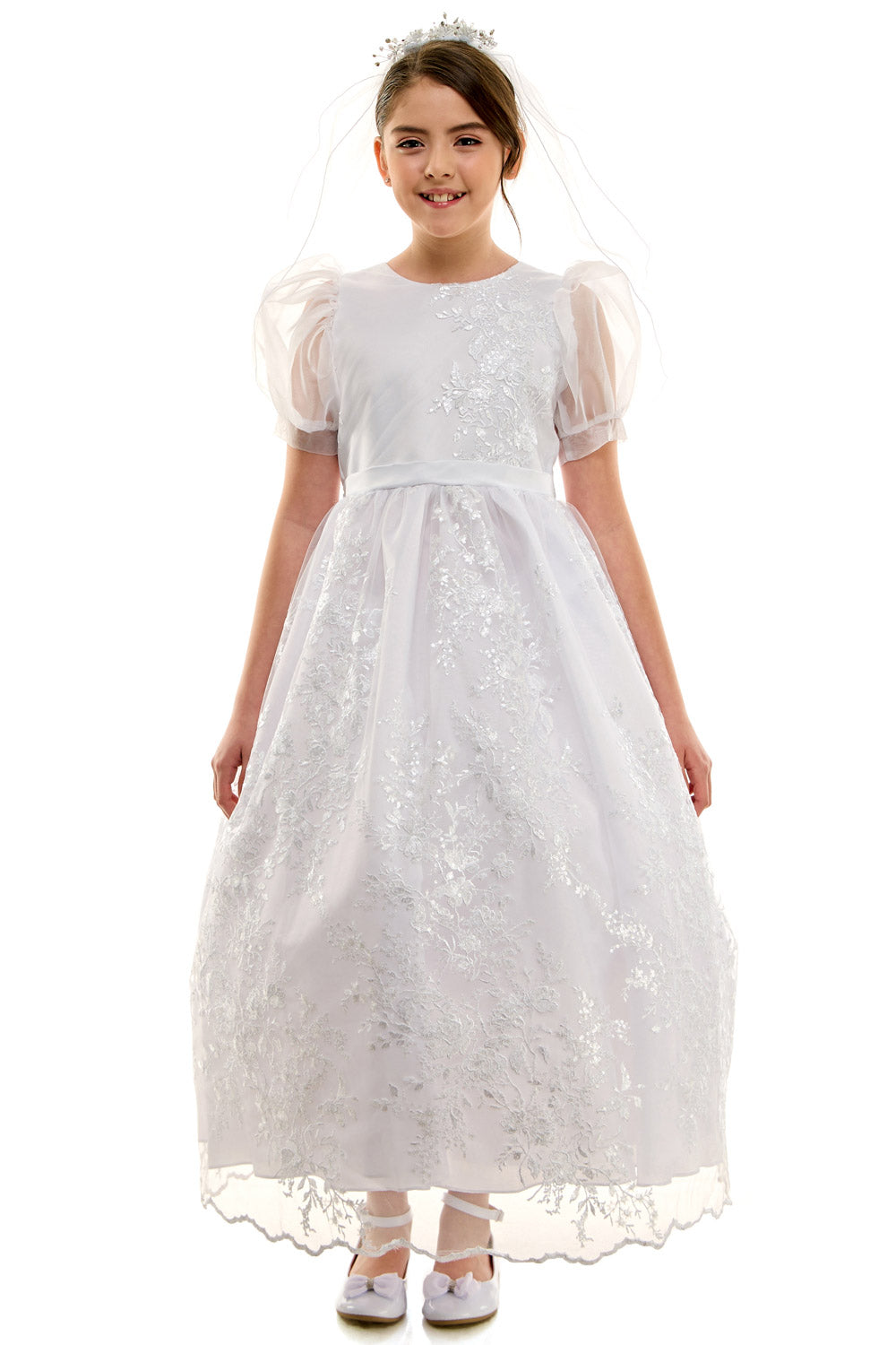 White puff sleeve First Holy Communion dress line detail - organza puff sleeves with embroidered bodice Mississauga, Oakville, Greater Toronto Area Canada