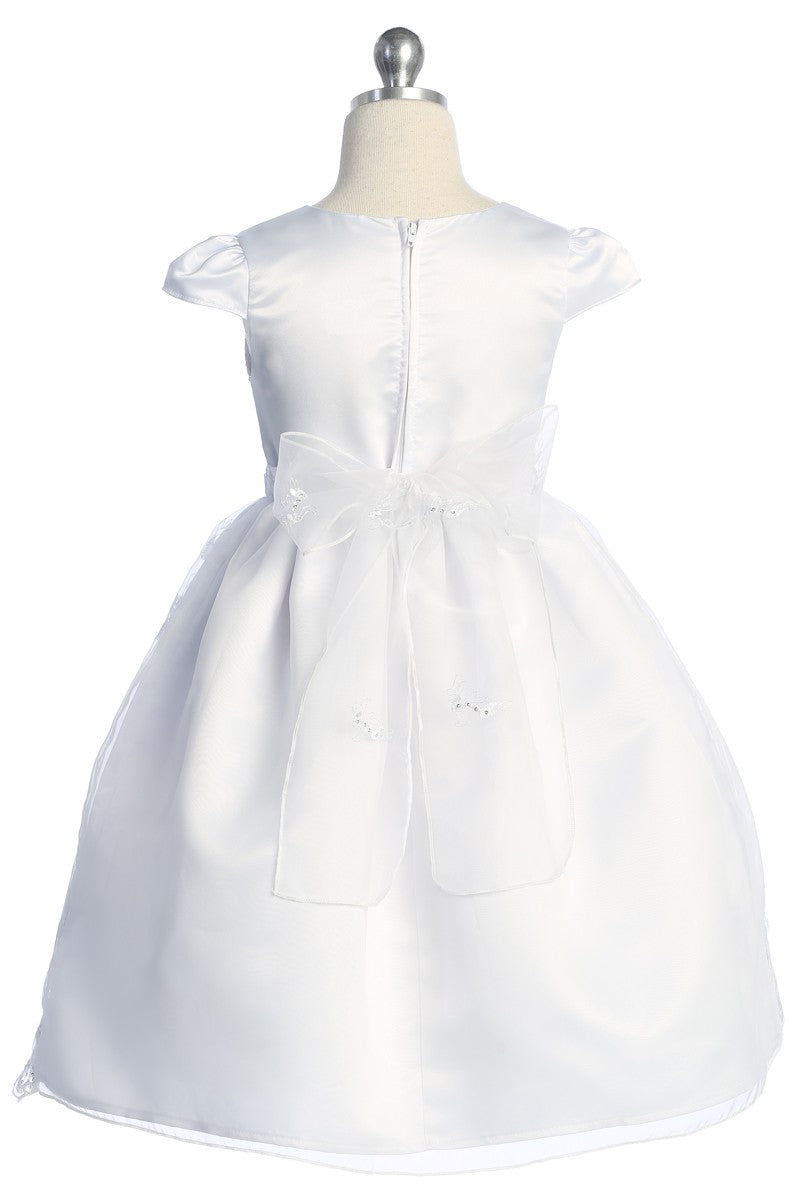 White short sleeve embroidered First Holy Communion dress back still view - floor-length gown with intricate embroidery Greater Toronto Area Canada"