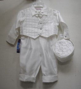 Boys Baptism Zig Zag Vest Pant Set. Boy's shantung 5-piece vest set includes vest, pants, shirt, bow tie, and matching hat. Suitable for Christenings, Baptisms, Weddings