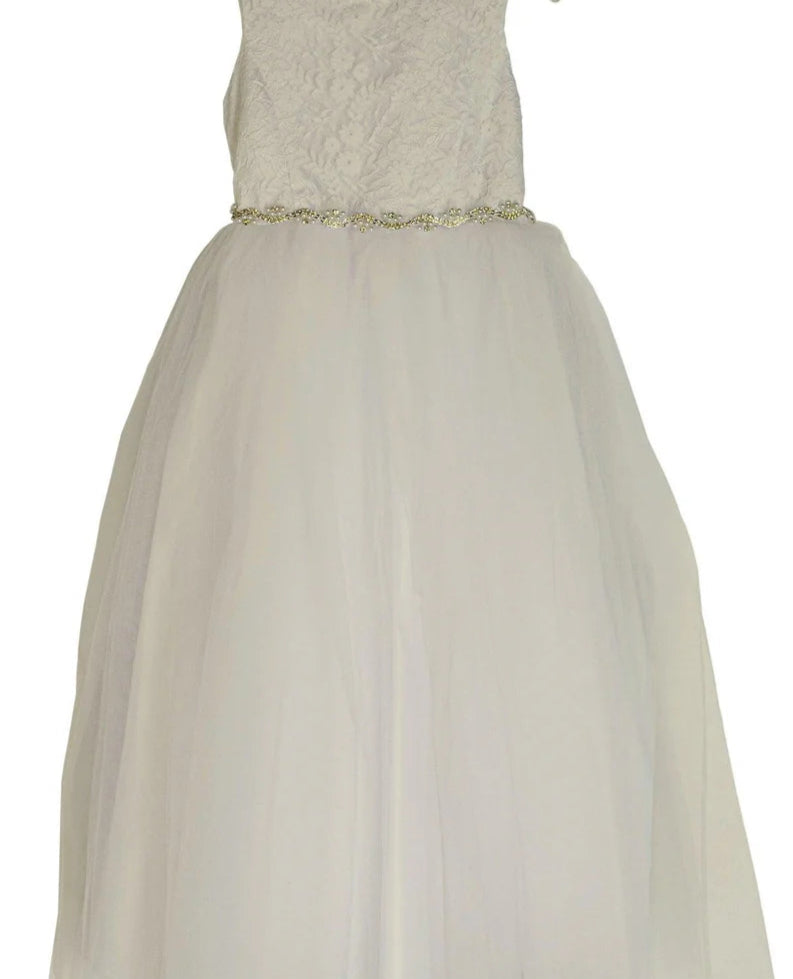 Fancy Lace Top Girls Dress With Beautiful Rhinestone And Pearl Belt