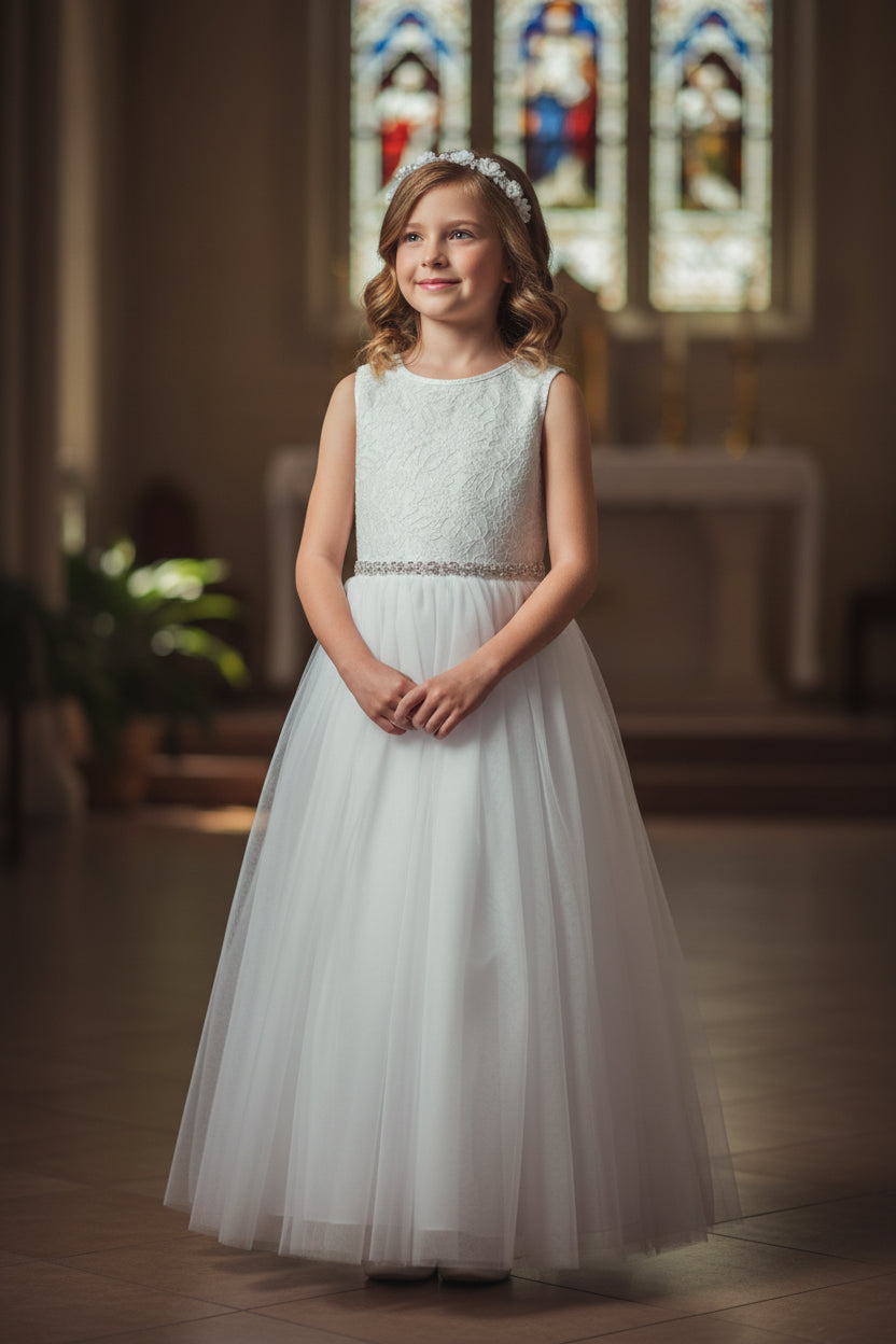 holly communion lace top white girls sweetheart neckline gown front view
