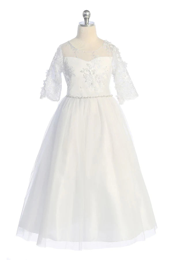 Flower and Pearl Lace Illusion Girls Dress